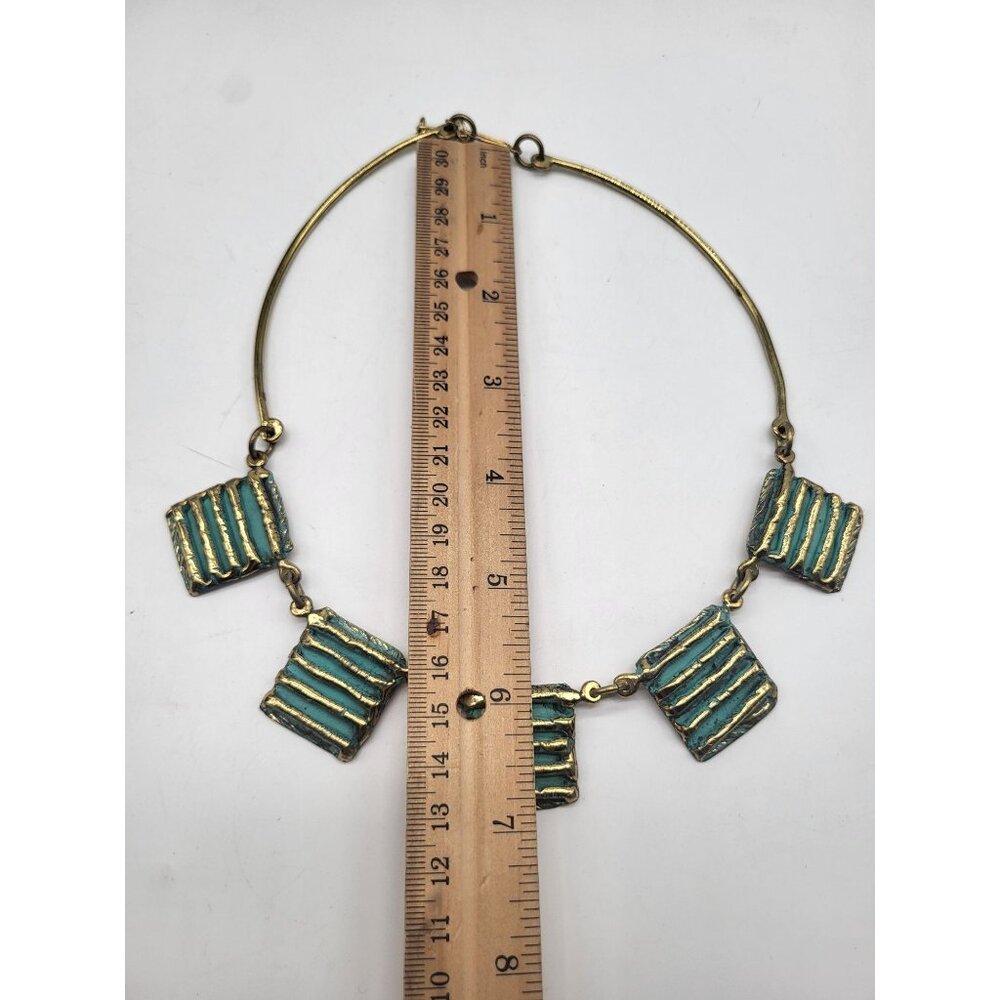 Unique Art Deco Collar Statement Necklace Gold Tone Turquoise Painted Panels VTG - Picture 5 of 10